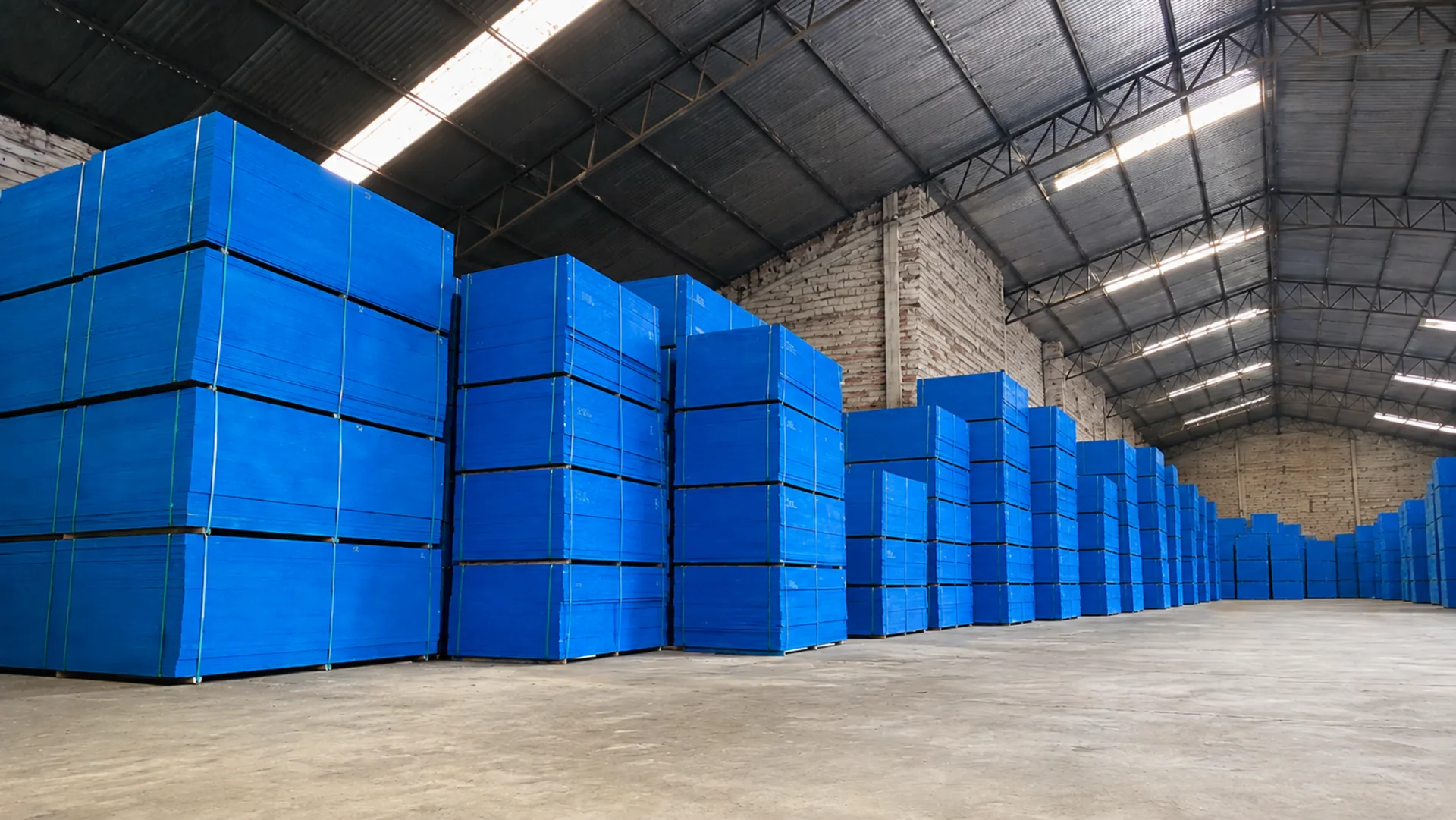 Compensados para construção civil | Baricomp Bacacheri Estoque de madeirite plastificado azul da Baricomp Bacacheri em barracão, para atendimento da construção civil em Curitiba.